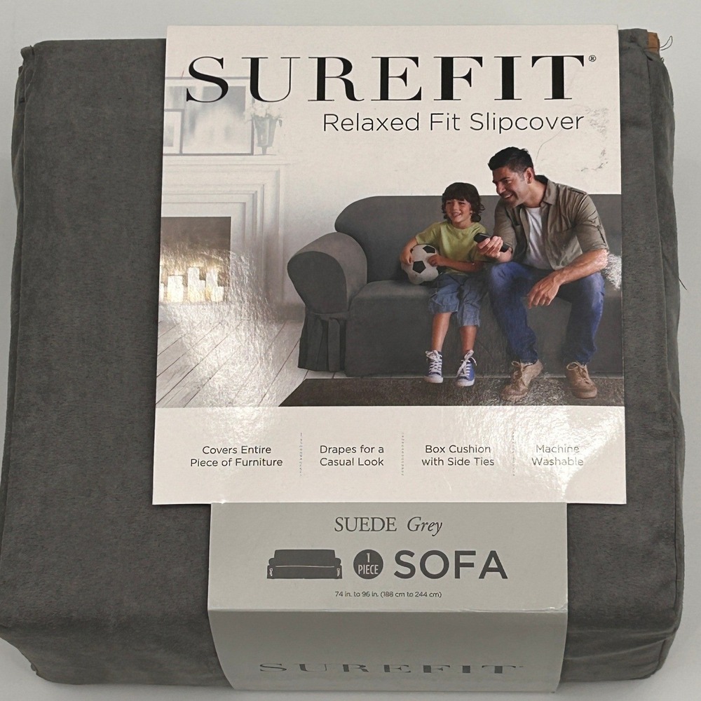 SureFit Gray Suede Relaxed Fit Sofa Slipcover Couch Cover 74-96" NIP